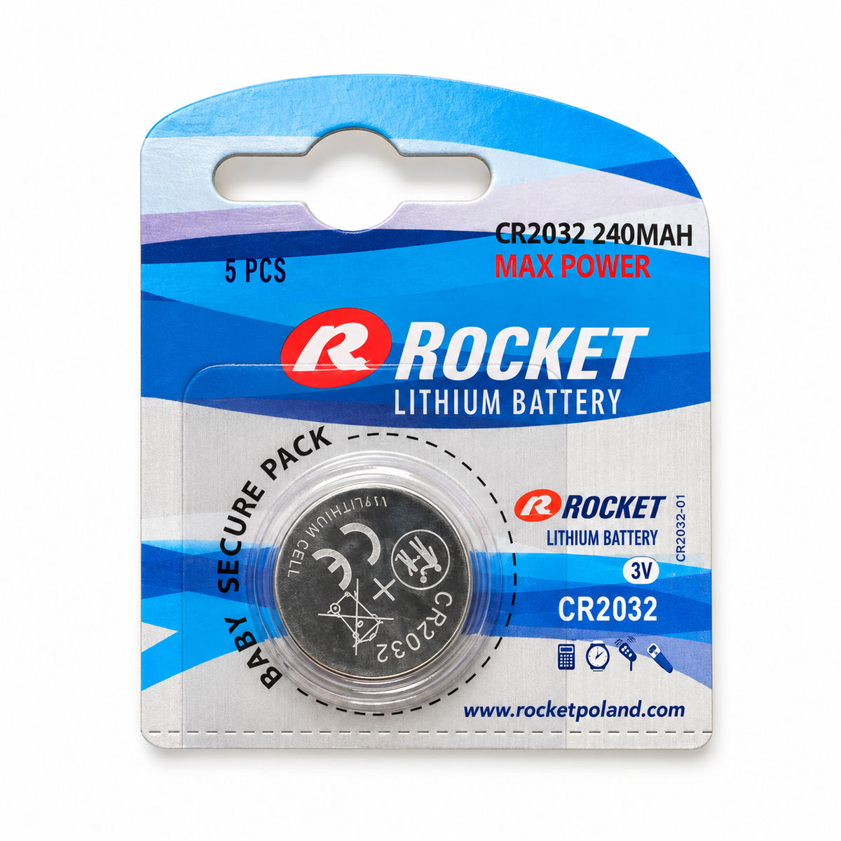 Rocket CR2032 3V – Nahaufnahme der Beschriftung und eines Blisterausschnitts aus der Packung mit 5 Batterien