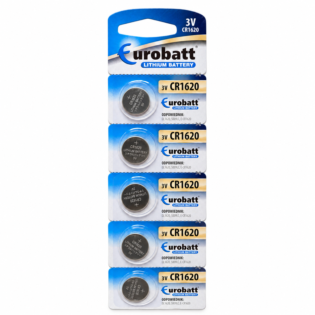 Eurobatt CR1620 3V Lithium-Knopfzellen – vollständige Blisterpackung mit 5 Stück auf weißem Hintergrund