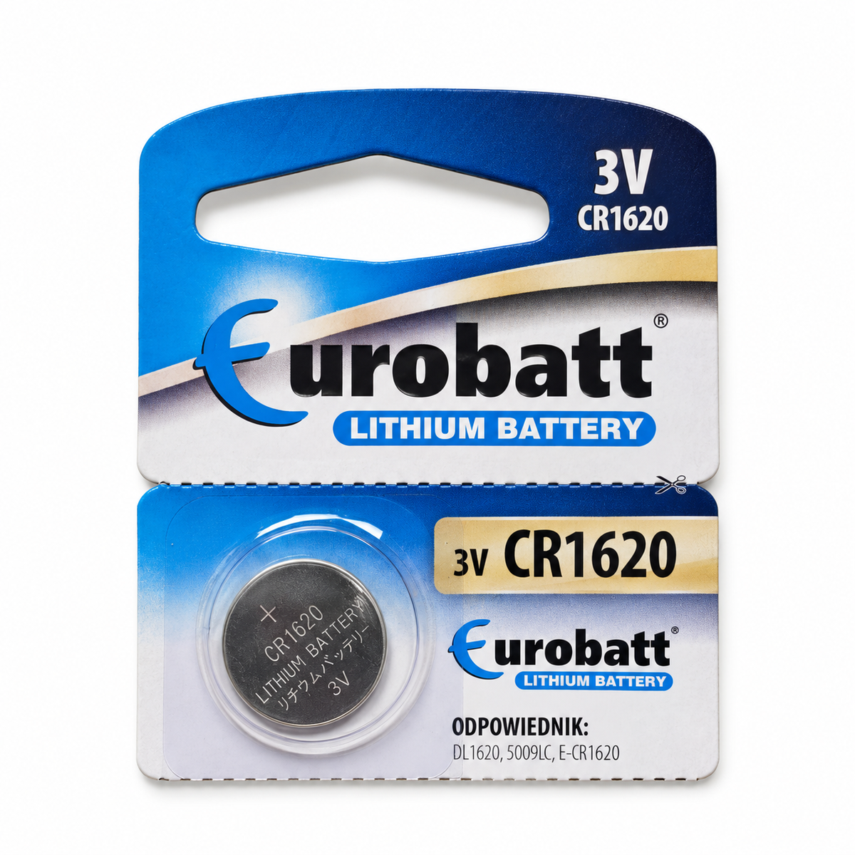 Eurobatt CR1620 3V – Nahaufnahme der Beschriftung und eines Blisterausschnitts aus der Packung mit 5 Batterien