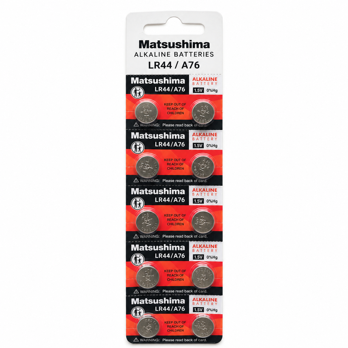 Matsushima LR44 / A76 1,5 V Alkaline-Knopfzellen – vollständige Blisterpackung mit 10 Stück auf weißem Hintergrund