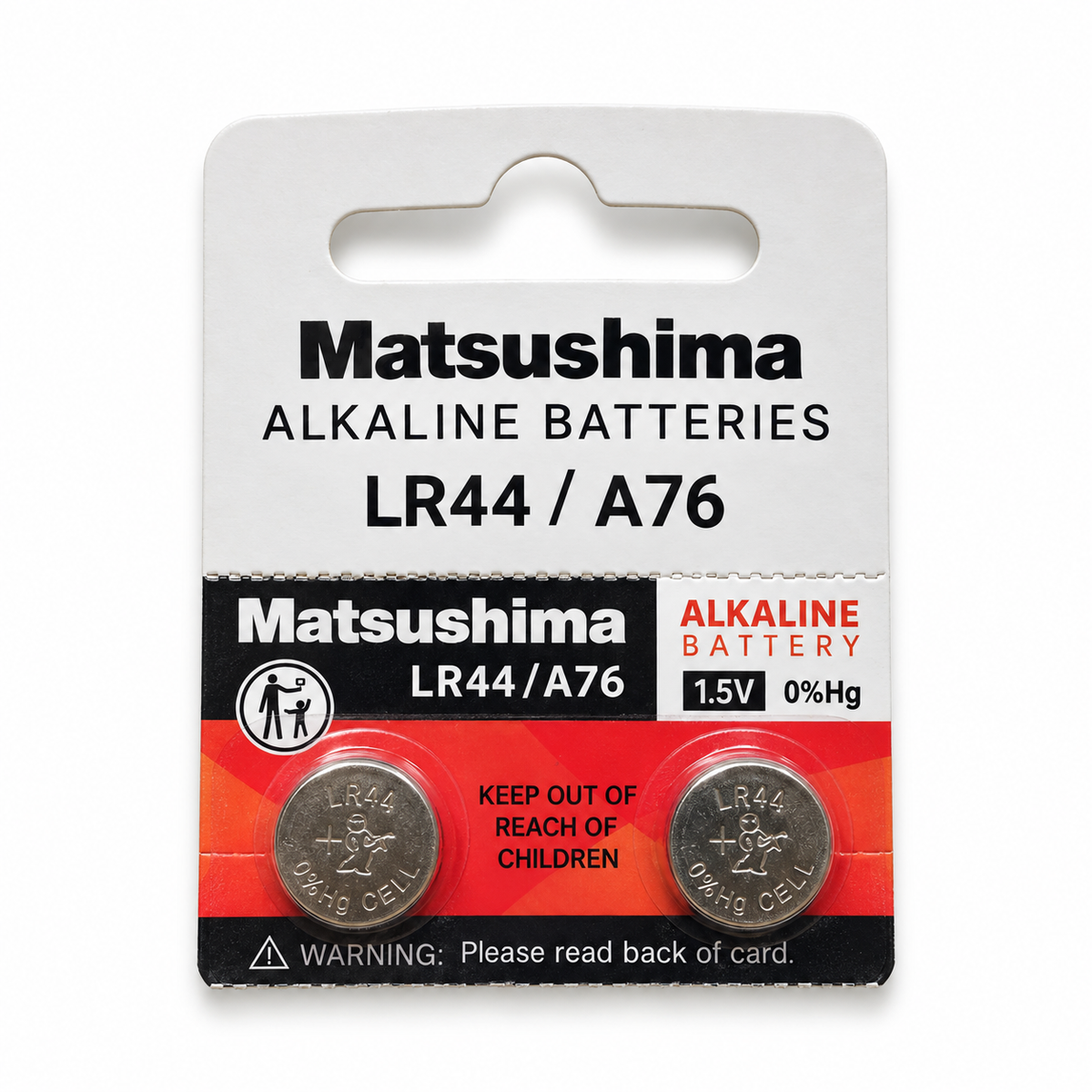 Matsushima LR44 / A76 1,5 V – Nahaufnahme der Beschriftung und eines Blisterausschnitts aus der Packung mit 10 Batterien