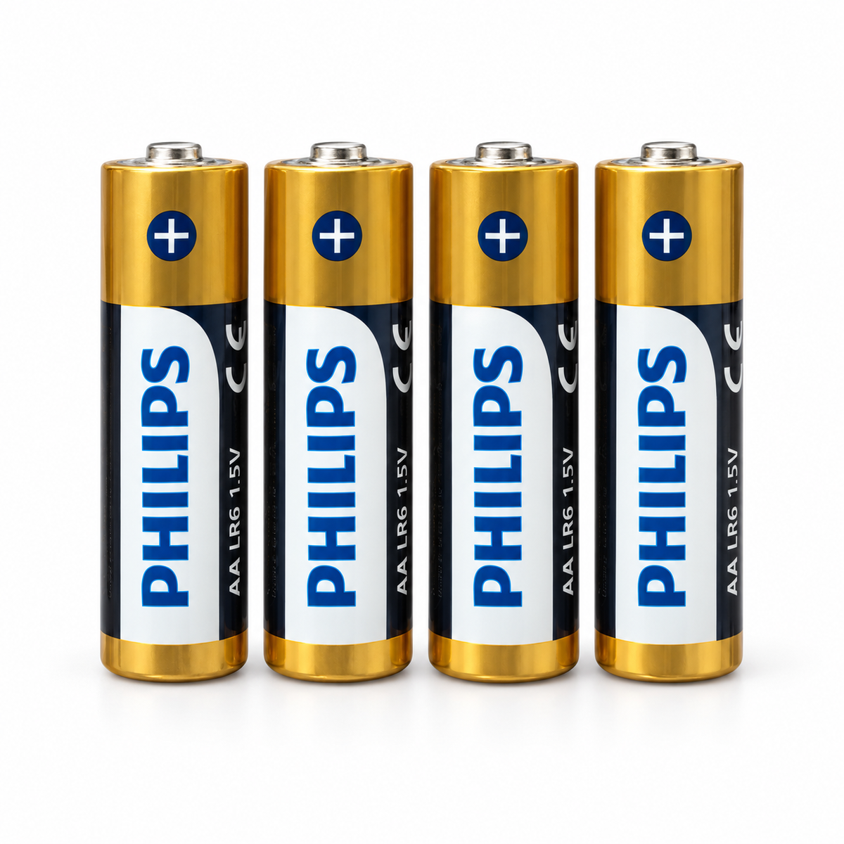 Cztery baterie Philips Premium Alkaline AA LR6 1,5 V – pełny widok baterii na białym tle