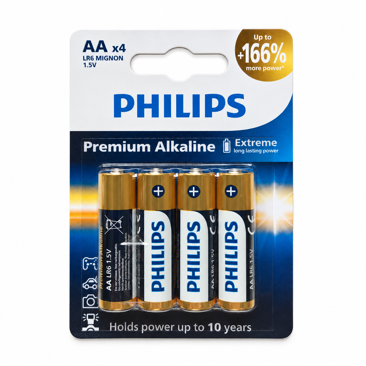 Philips Premium Alkaline AA LR6 1,5 V Batterien – Packung mit 4 Stück auf weißem Hintergrund