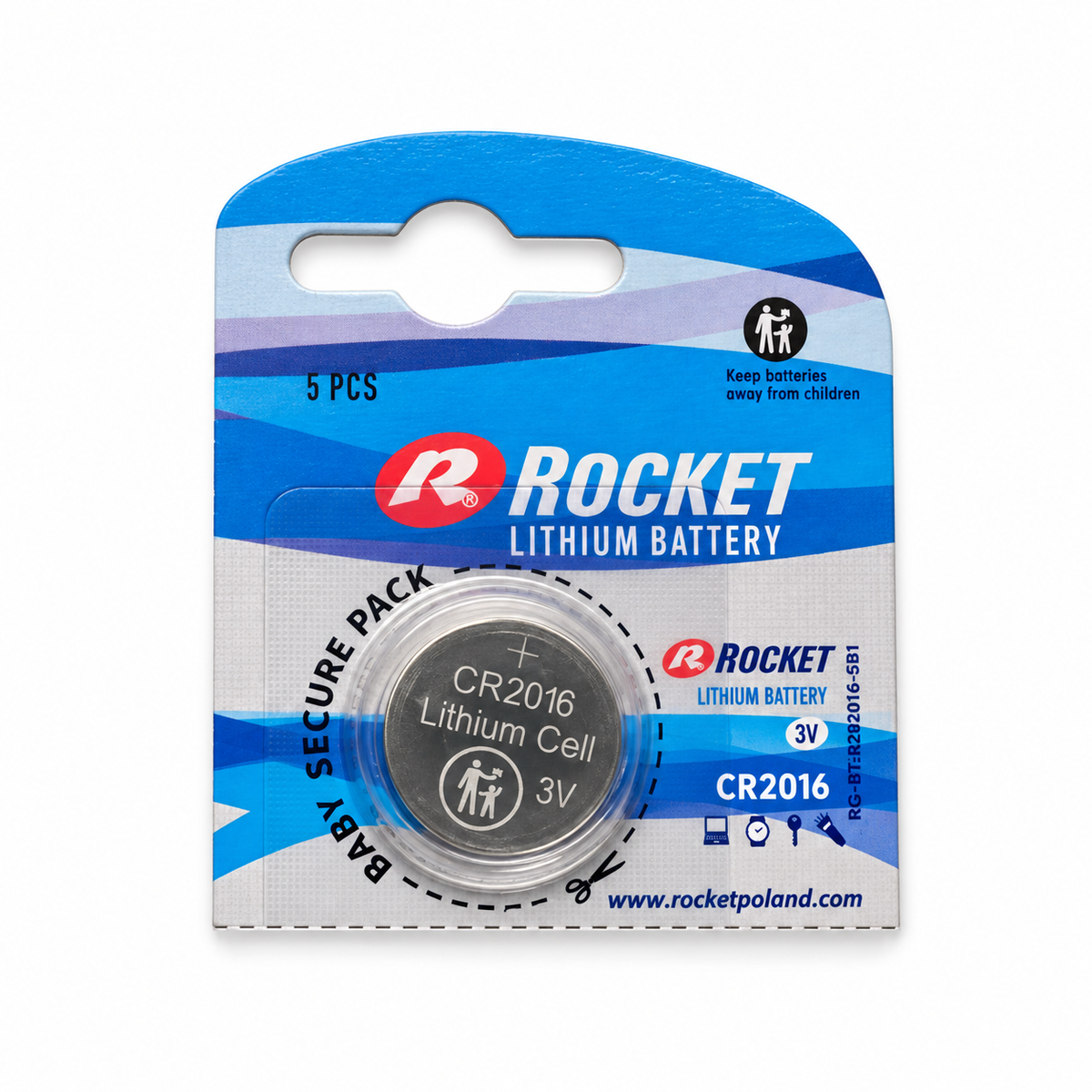 Rocket CR2016 3V – Nahaufnahme der Beschriftung und eines Blisterausschnitts aus der Packung mit 5 Batterien