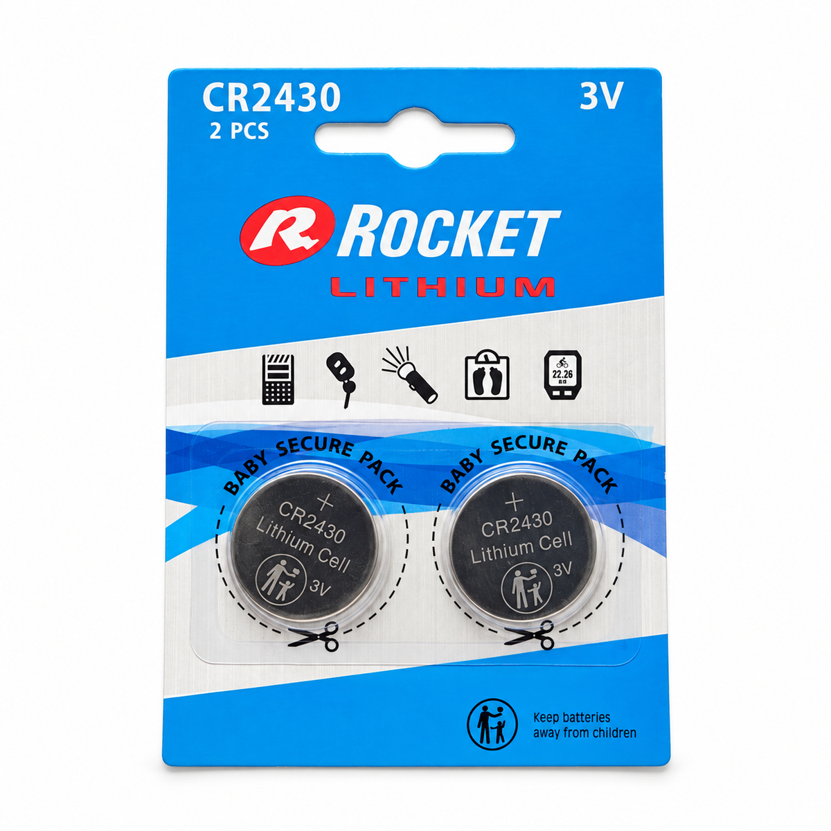 Rocket CR2430 3V Lithium-Knopfzellen – vollständige Blisterpackung mit 2 Stück auf weißem Hintergrund