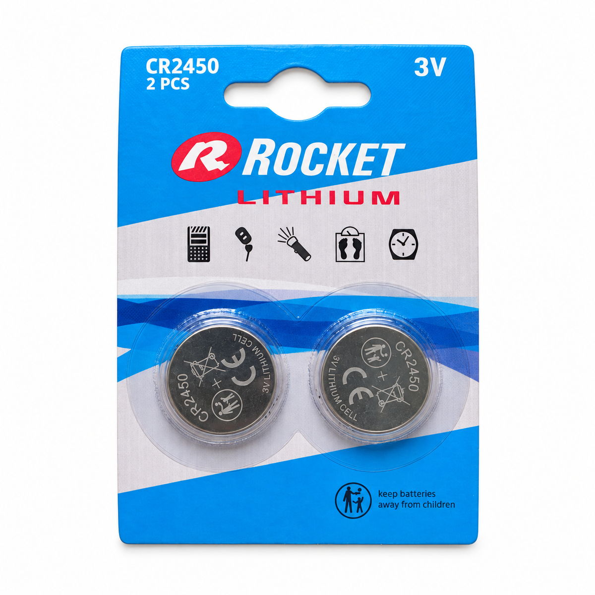 Rocket CR2450 3V Lithium-Knopfzellen – vollständige Blisterpackung mit 2 Stück auf weißem Hintergrund