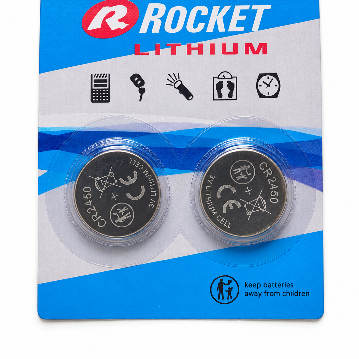 Rocket CR2450 3V – Nahaufnahme der zwei Knopfzellen in der Blisterpackung mit 2 Stück