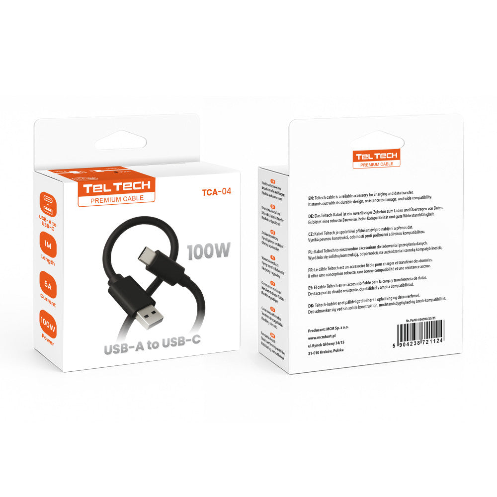 Kabel Teltech TCA-04 USB-A do USB-C 100W 5A – opakowanie przód i tył